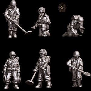 WW2 US Signal Corps Engineers Mine Detector Unit 5 Figures  28mm 1/56 Wargames and Collectors Figures by BattleCat for Garrison Miniatures
