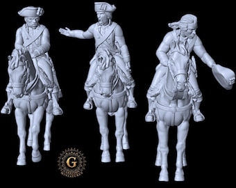 Revolutionary War / AWI Mounted Officers X3 Figures 28mm 1/56