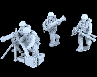 May include: A set of four white plastic toy soldiers depicting German soldiers from World War II. The soldiers are holding machine guns and rifles. One soldier is loading a machine gun with a belt of ammunition.