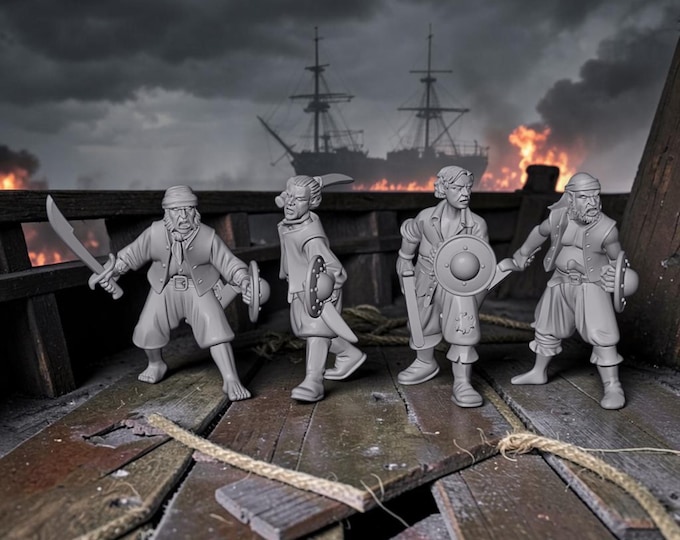 Pirates with Cutlasses and Bucklers X4 28mm Unpainted Resin Miniatures Pirates Wargaming RPG D&D