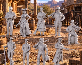 Wild West Townsfolk Miniatures 9-Piece Set 28mm 32mm Unpainted Resin