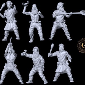 May include: A collection of six unpainted miniature figures of bearded men in various action poses. Each figure is holding a weapon or tool, including clubs, a trident, and curved blades. The figures are dressed in tunics and pants, with belts and pouches.