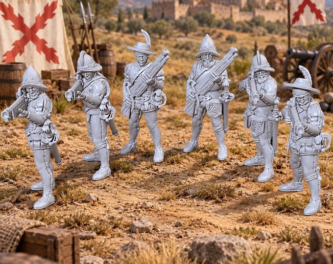 Spanish Empire Arquebusiers X6 28mm Medieval Unpainted Resin Wargame Miniatures