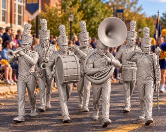 Marching Band HO Scale 1:87 Figures, Set of 7 - Parade Musicians, Unpainted Resin