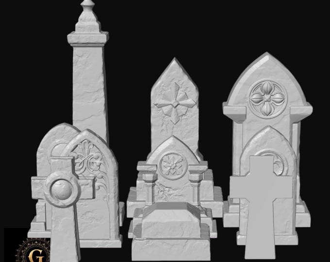 Gravestones and Ruined Gravestones. X10: 28mm Unpainted Resin Wargame Miniatures