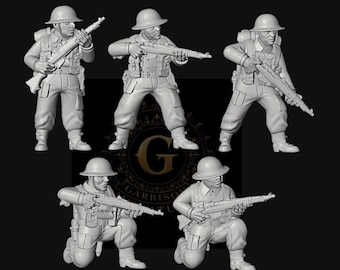 May include: Five gray miniature soldier figurines in various action poses, each holding a rifle and wearing a helmet and uniform. The figurines are set against a dark background. The logo "GARRISON" is visible.