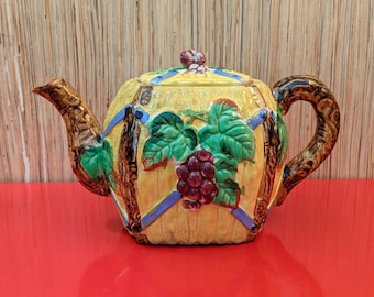 Vibrant mid-century majolica ceramic bright-colored teapot made in Japan vine, grapes and lattice