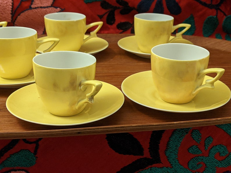 Extremely rare MCM Mid-century ALP Czechoslovakia yellow, eggshell china espresso cups demi-tasses & their saucers 5 available image 4