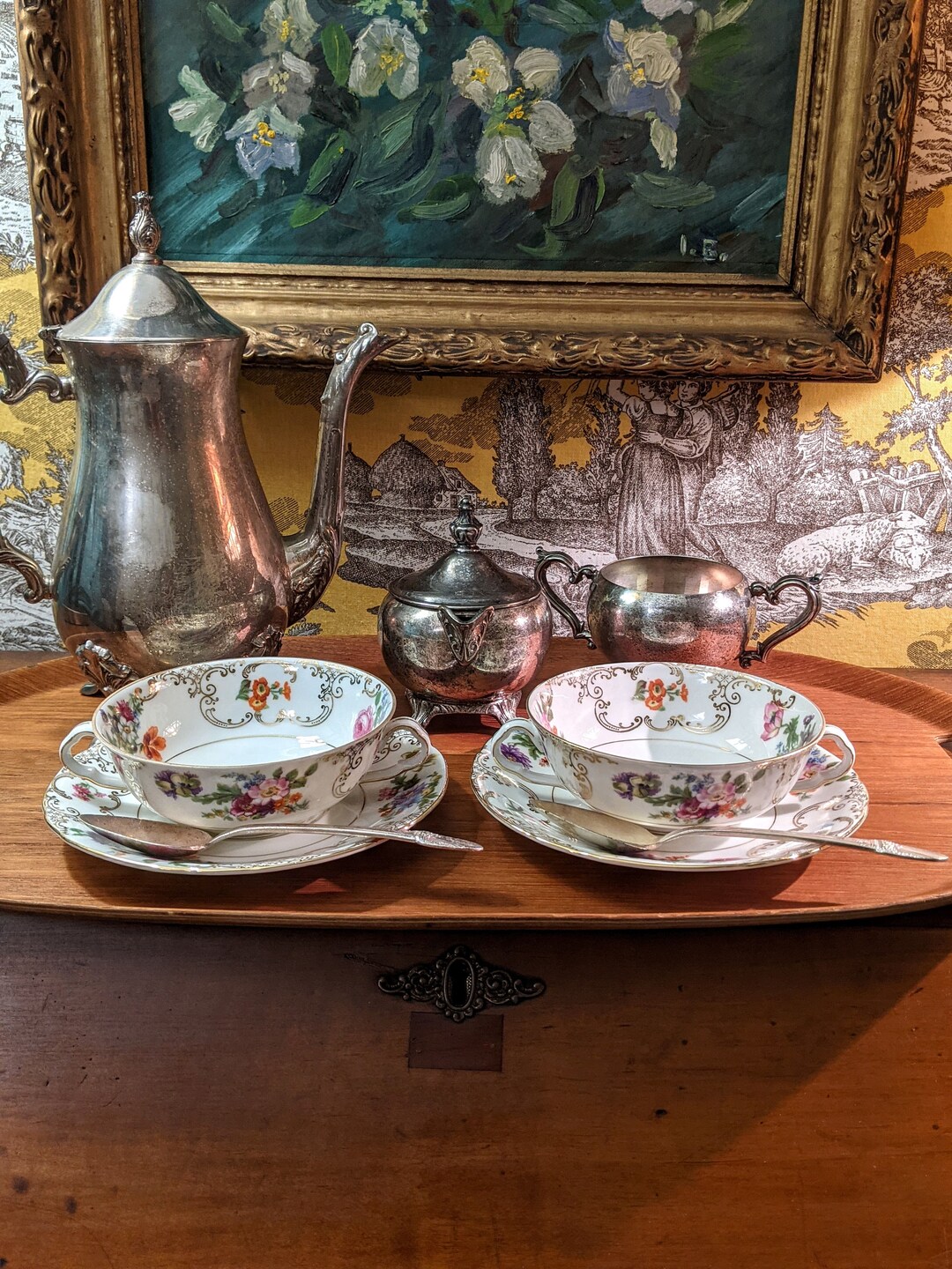 Duo of Midcentury Vintage Bouillon or Consommé Cups Floral and Gold