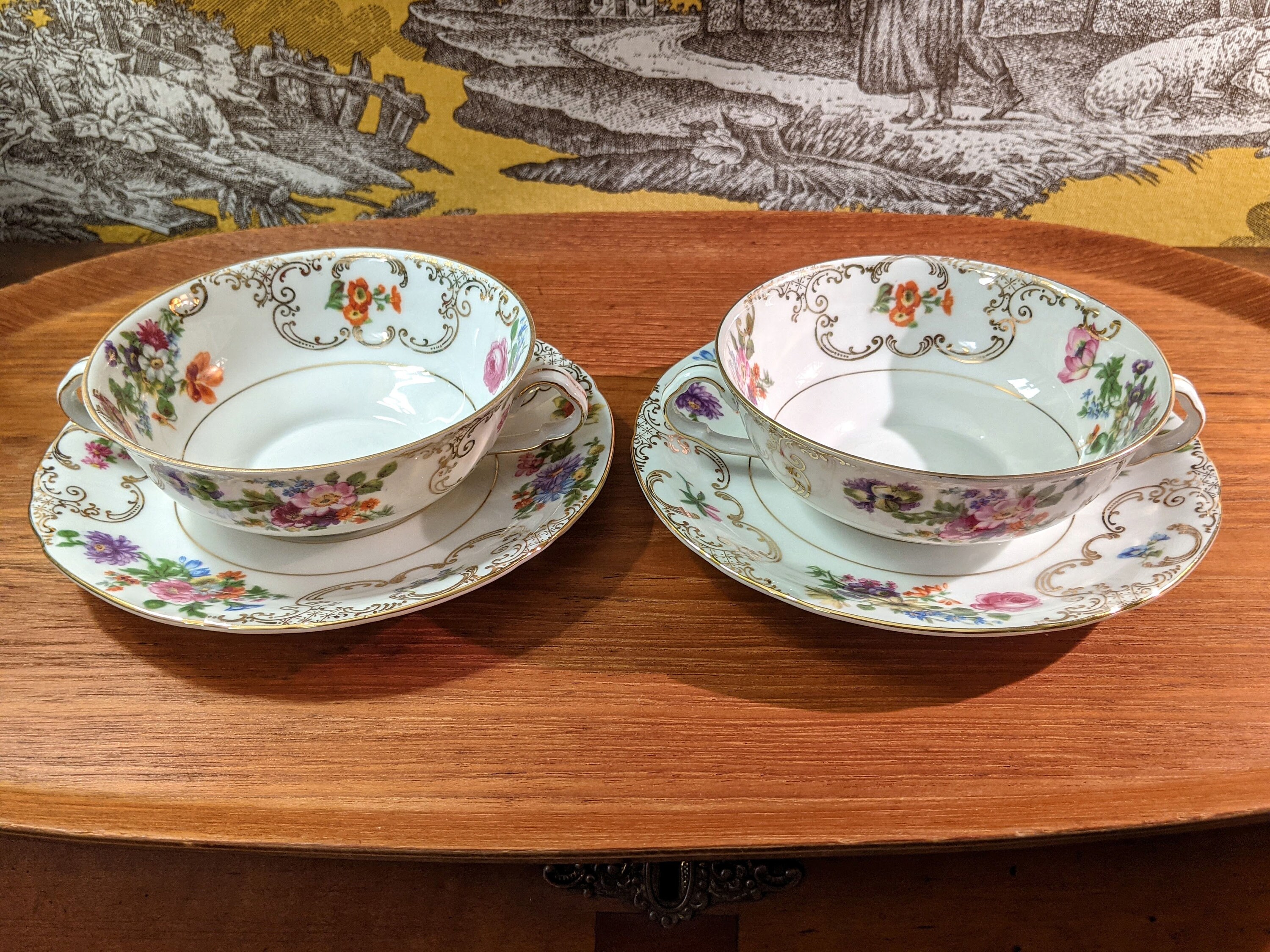 Duo of Midcentury Vintage Bouillon or Consommé Cups Floral and Gold