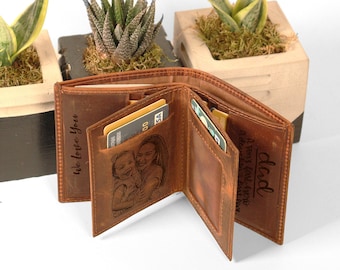 Cartera de cuero personalizada para hombre: monograma con foto grabado, hecha a mano