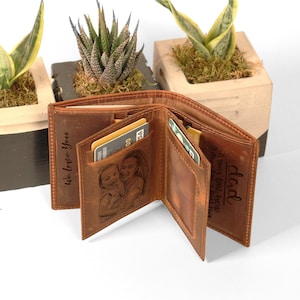 Cartera de piel auténtica personalizada para hombre, cartera con monograma grabado con foto, regalo del día del padre, regalo de Navidad, regalos para papá novio