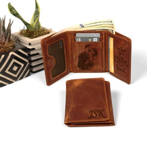Billetera de hombre personalizada, billetera de cuero genuino triple, billetera grabada personalizada con imagen, regalo del día del padre, regalo de Navidad para papá esposo