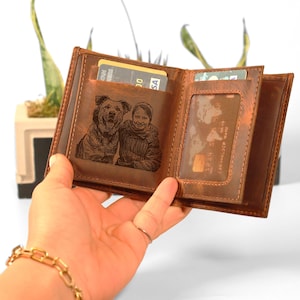 Cartera grabada con foto, cartera de cuero genuino con monograma personalizado para hombres, regalo del día del padre, regalo de Navidad, regalos para papá novio