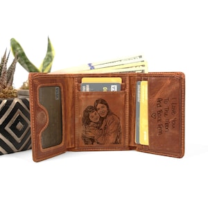Billetera de hombre, billetera de cuero genuino triple con foto personalizada, billeteras grabadas personalizadas, regalos del día del padre, regalo de Navidad para papá esposo