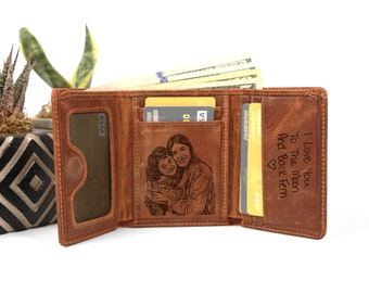 Personalized Photo Leather Trifold Wallet: Custom Engraved Gift