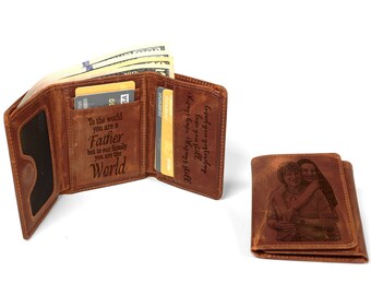 Engraved Trifold Wallet with Photo, Personalized Genuine Leather Wallet for Men, Father's Day Gift, Christmas Gift, Gifts for Dad Boyfriend