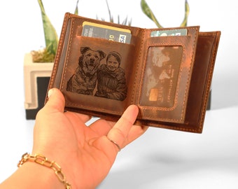 Cartera grabada con foto, cartera de cuero genuino con monograma personalizado para hombres, regalo del día del padre, regalo de Navidad, regalos para papá novio