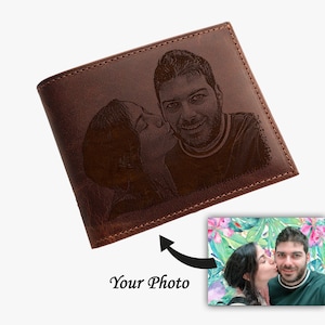 Cartera de hombre grabada, cartera personalizada de cuero genuino, imagen en la cartera, regalo de cartera con monograma para el padre novio