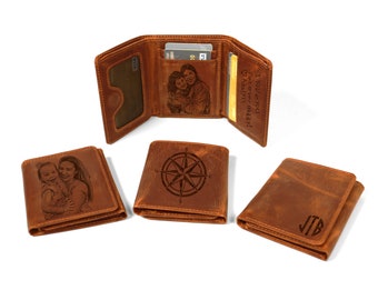 Cartera triple de cuero grabado: foto personalizada y monograma