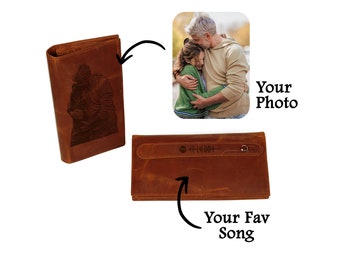 Music Code Wallet, Engraved Genuine Leather Long Wallet, Personalized Hand Strap Wallet, Phone Case Mens Wallet, Monogram Photo Wallets