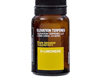 May include: A brown glass bottle with a black cap, labelled "Elevation Terpenes, LLC Loma Linda, CA 92354 Pure terpene Supplement D-Limonene".