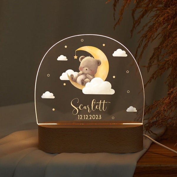 Lampe de nuit ours personnalisée avec lune et étoiles, cadeau de naissance, décoration de chambre d'enfant, baby shower, cadeau de baptême, souvenir personnalisé pour la naissance de bébé