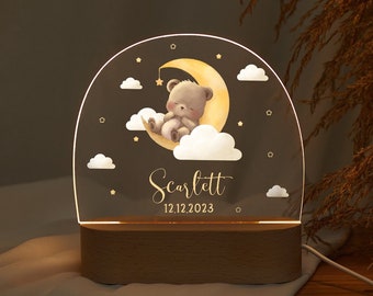 Lampe de nuit ours personnalisée avec lune et étoiles, cadeau de naissance, décoration de chambre d'enfant, baby shower, cadeau de baptême, souvenir personnalisé pour la naissance de bébé
