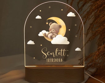 Personalised bear name night light, moon and stars light lamp, cute bear bedroom lamp, toddler lamp, Christmas gift for kids, birth gift