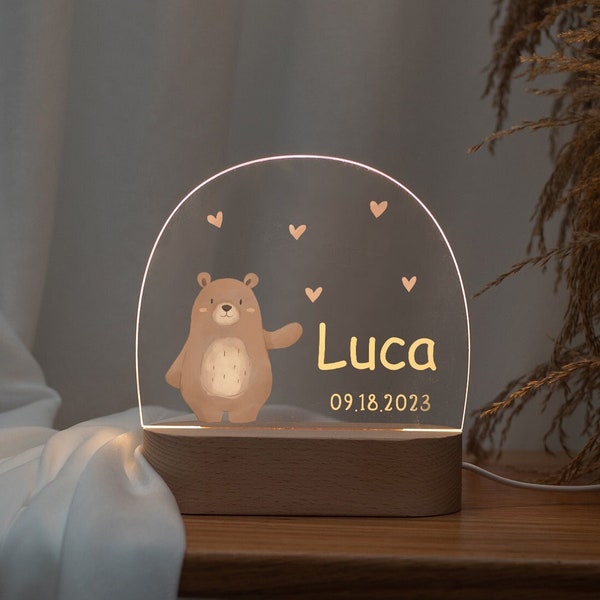 Lampe de nuit LED ours personnalisée, cadeau de naissance, déco chambre d'enfant, baby shower, cadeau baptême, souvenir personnalisé pour la naissance de bébé