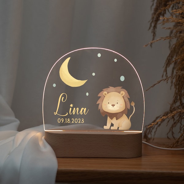 Lampe de nuit personnalisée de décoration de chambre d'enfant, cadeau de naissance de bébé, cadeau de 1er anniversaire, veilleuse de lion mignonne, cadeau de baptême, cadeau de sommeil pour les enfants