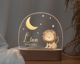 Custom name nursery decor night lamp, baby birth gift, 1st birthday gift, cute lion night light, christening gift, sleep gift for kids