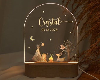 Forest animal night light personalized, baby birth gift, newborn gift, Children's bedroom night lamp, baby christening gift