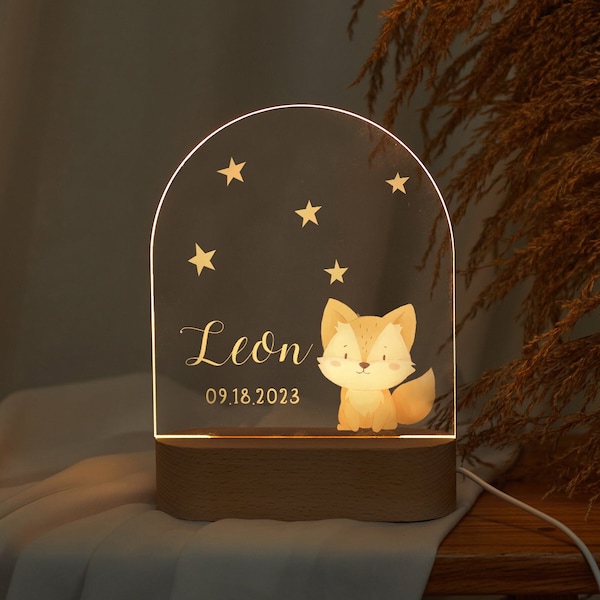 Personalized acrylic night lamp with fox and stars, Baby gift birth, Night light baby, children's room decor, bedside lamp, christening gift
