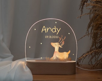 Veilleuse cerf personnalisée avec nom & date, copain du sommeil de bébé, déco chambre enfant, cadeau naissance bébé, lampe de chevet, cadeau anniversaire bébé