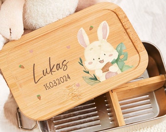 Custom stainless steel lunch box with bamboo lid, cute rabbit lunch box, easter gifts, snack box children, baptism gift, bunny bento box