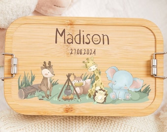 Custom kids lunch box with name and date, Animal lunch box, Bamboo cover snack box, Easter gift for kids, Back to school gift, Birthday Gift