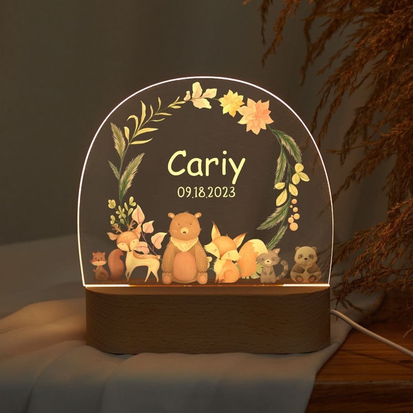 Personalized animal night light with name, cute forest friends, baby birth, bedside lamp gift, night light baby, nursery gift for newborn