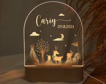 Personalized baby night lamp with wooden bsae, cute animal baby night light, baby baptism gift, baby gift birth, christening gift