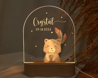 Custom baby bear acrylic night lamp with wooden base, newborn keepsakes with baby's name, give baby the gift of sweet sleep