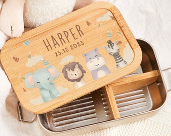 Children's lunch box, personalized lunch box, animal stainless steel lunch box, cute snack box, baptism gift, bento box with bamboo lid
