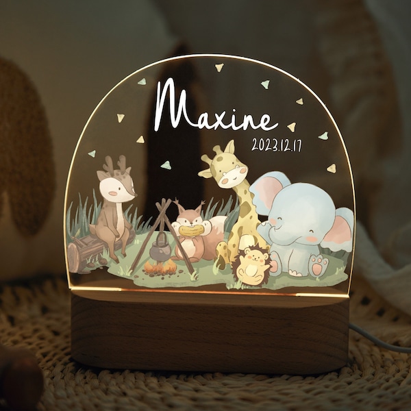 Personalized name night light with base, cute animals night lamp, baby bedroom night light, birth gift, newborn gift, nursery decor acrylic