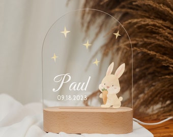 Personalized acylic night light with name, cute rabbit bedside lamp, children's bedroom, baby gift birth, christening gift