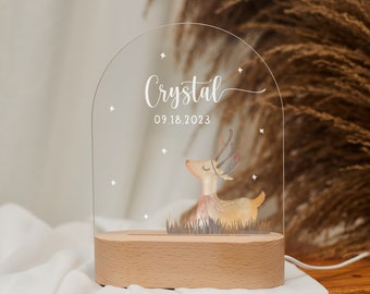 Personalized kids' night light with cute deer design, baptism gift with baby's name and date, birth gift, child-friendly lamp, bedside lamp