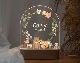 Baby night lamp personalized, cute animal forest party night light, bedside gifts for baby, nursery decor, birth gift for baby boy baby girl