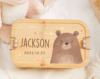 Custom stainless steel lunch box with bamboo lid, cute bear lunch box, back to school gift, snack box children, baptism gift, bento box