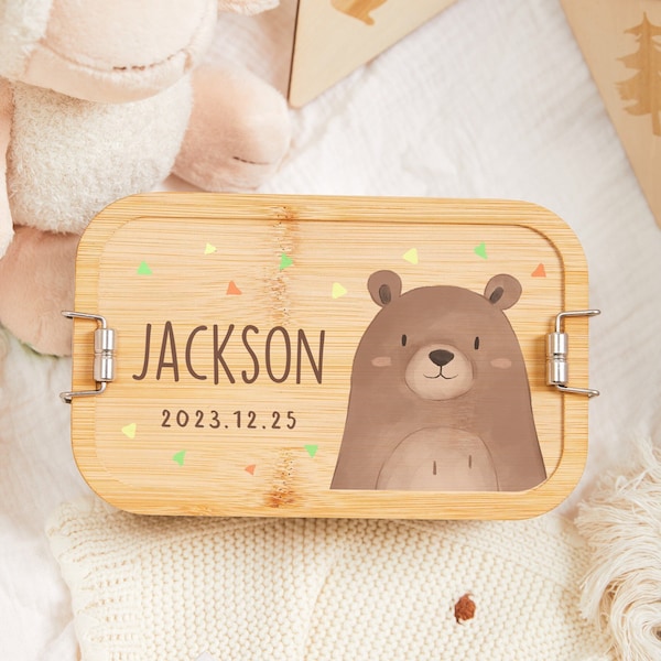 Custom stainless steel lunch box with bamboo lid, cute bear lunch box, back to school gift, snack box children, baptism gift, bento box