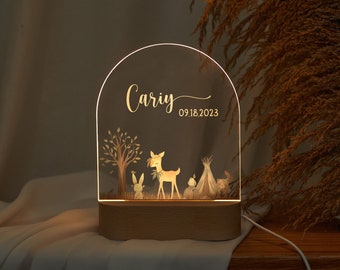 Personalized baby night light with wooden bsae, cute animal baby night lamp, baby baptism gift, cherished gift for newborn celebrations