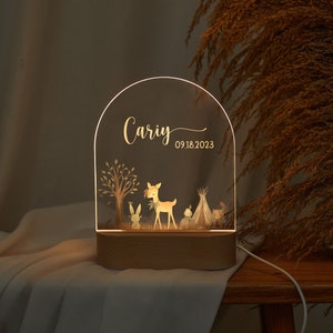 Personalized baby night light with wooden bsae, cute animal baby night lamp, baby baptism gift, cherished gift for newborn celebrations