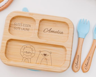 Personalised Baby Bamboo Plate with cutlery, Engraved Kids Dining Set, Baptism birth, 1st Birthday gift, Baby child gift, Easter gifts